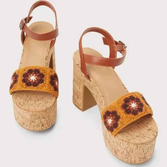 Saleπ₯° Bamboo flirty fun boho flower child Hippie chick cork floral jute heels - Picture 2 of 6